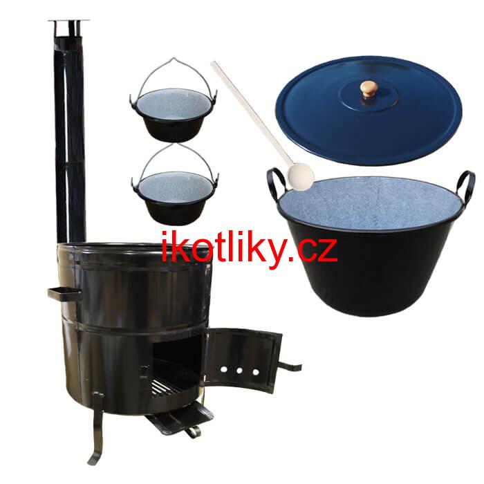 Zabijačkový smaltovaný kotel 80 L + kovová kotlina 58 cm + 2 servírovací kotlíky a kouřovod