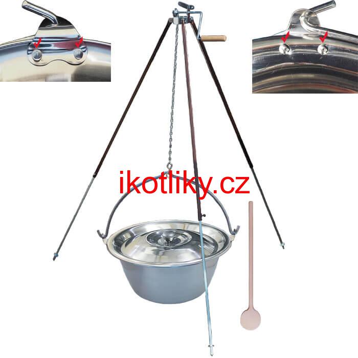 Nerezový kotlík 15 L (0,8 mm) s nýty + teleskopická trojnožka s pojistnou kladkou + poklice