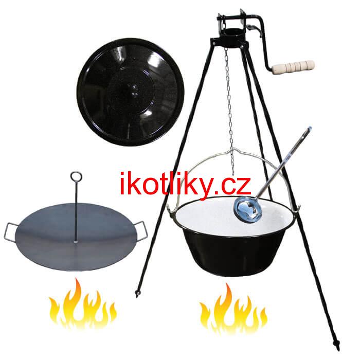 Smaltovaný kotlík 16 L (1,2 mm) + pánev na grilování a stojan s kladkou VAR