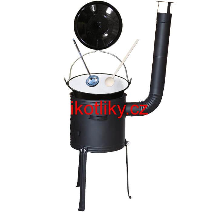 Smaltovaný kotlík 25 L + kovová kotlina s vysokými nožičkami 42 cm , žáruvzdorná barva Plus 700 + vařečka a naběračka