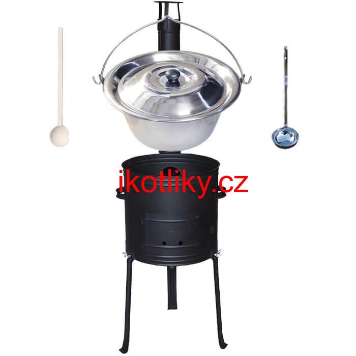 Nerezový kotlík 22 L (0,8 mm) + kovová kotlina s vysokými nožičkami 42 cm, žáruvzdorná barva Plus 700 + vařečka a naběračka