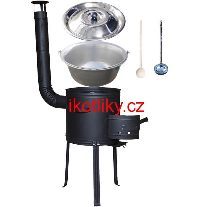 Nerezový kotlík 15 L (1,5 mm) + kovová kotlina s vysokými nožičkami 36 cm, žáruvzdorná barva Plus 700 + vařečka a naběračka