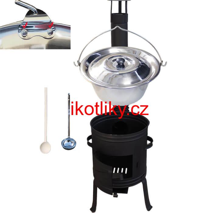 Nerezový kotlík 10 L (0,8 mm) s nýty + nízká žáruvzdorná kotlina 33 cm PLUS 700 + vařečka a naběračka