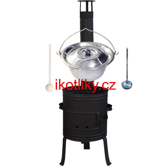 Nerezový kotlík 10 L (1,2 mm) + nízká žáruvzdorná kotlina 33 cm PLUS 700 + vařečka a naběračka