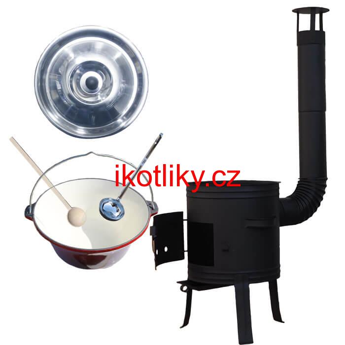Litinový kotlík 10 L se smaltovanou úpravou + nízká žáruvzdorná kotlina 33 cm PLUS 700 + vařečka a naběračka