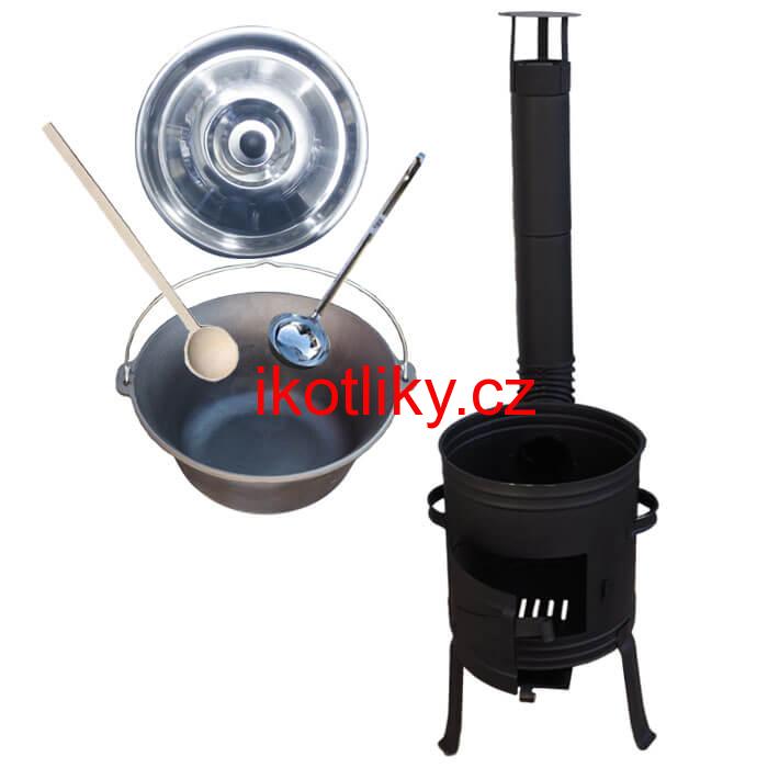 Litinový kotlík 10 L + nízká žáruvzdorná kotlina 33 cm PLUS 700 + vařečka a naběračka
