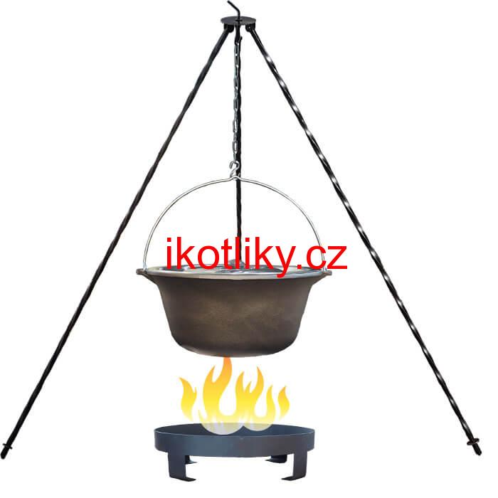 Litinový kotlík 10,8 L + nerezová poklice  + trojnožka 1,2 m + ohniště 36 cm
