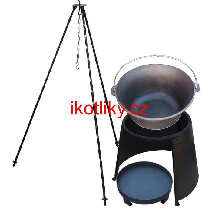 Litinový kotlík 7,2 L + chránič plamene 32 cm + ohniště 36 cm + trojnožka 1,2 m
