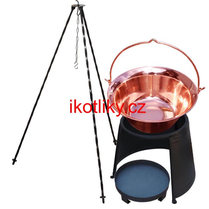 Měděný kotlík 20 L (1,2 mm) + chránič plamene 43 cm + ohniště 36 cm + trojnožka 1,2 m