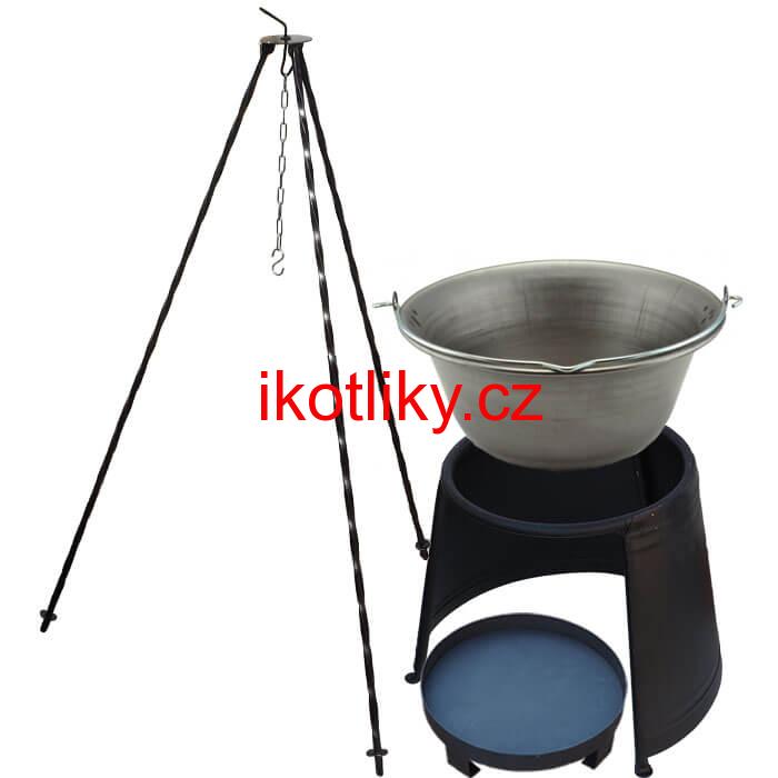 Železný kotlík 14 L (0,75 mm) + chránič plamene 37 cm + ohniště 36 cm + trojnožka 1,2 m