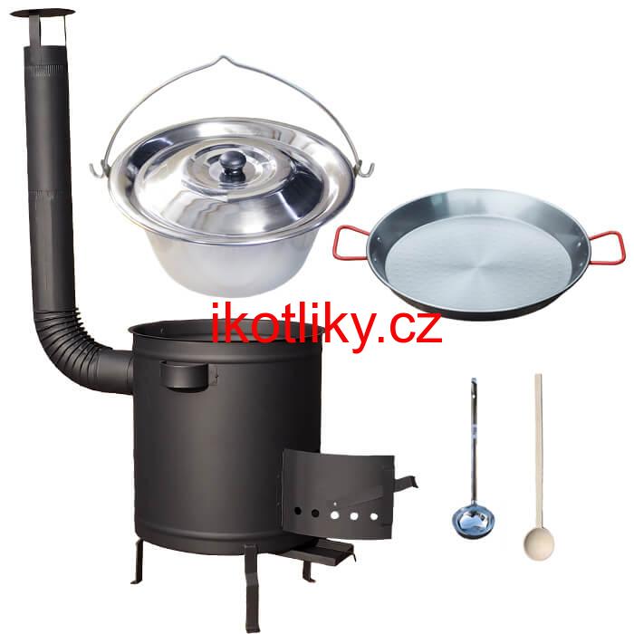 Nerezový kotlík 14 L (0,8 mm) + Paella pánev 38 cm + silnostěnná (1,5 mm) žáruvzdorná kotlina (1,5 mm) 36 PLUS 600