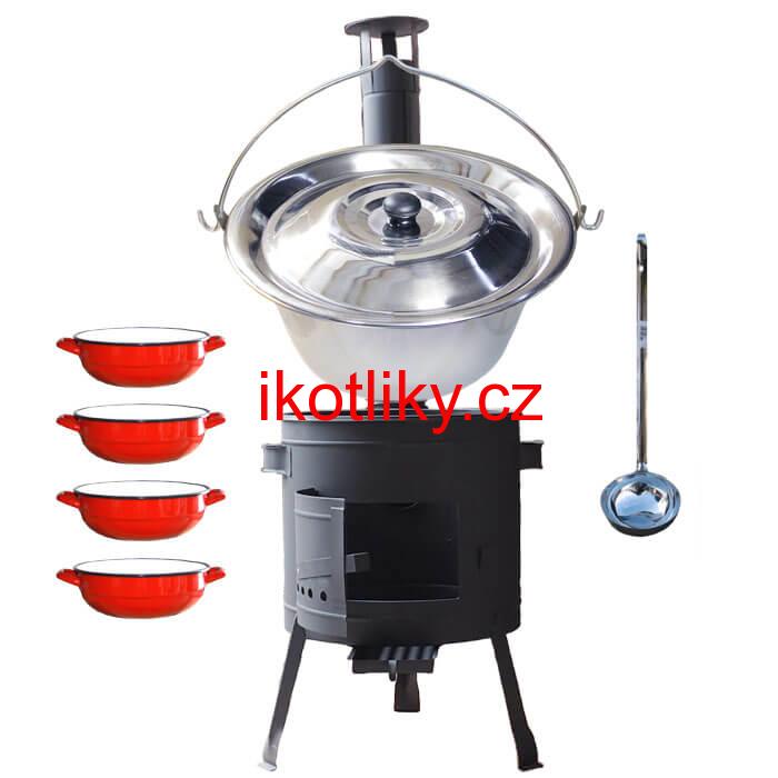 Nerezový kotlík 22 L (0,8 mm) INOX + selské misky 4 ks + nízká žáruvzdorná kotlina 42 cm PLUS 600