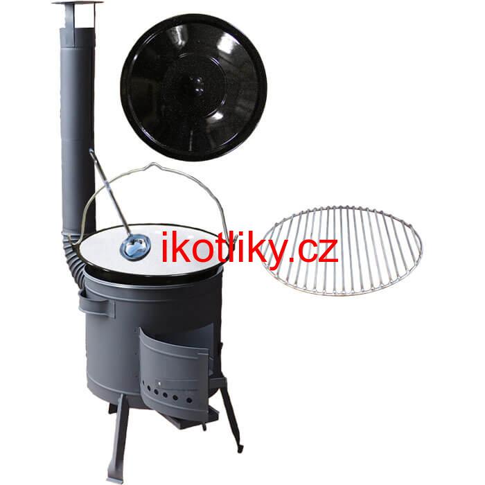 Smaltovaný kotlík 20 L + Nerezový rošt 45 cm + nízká žáruvzdorná kotlina 42 cm PLUS 600