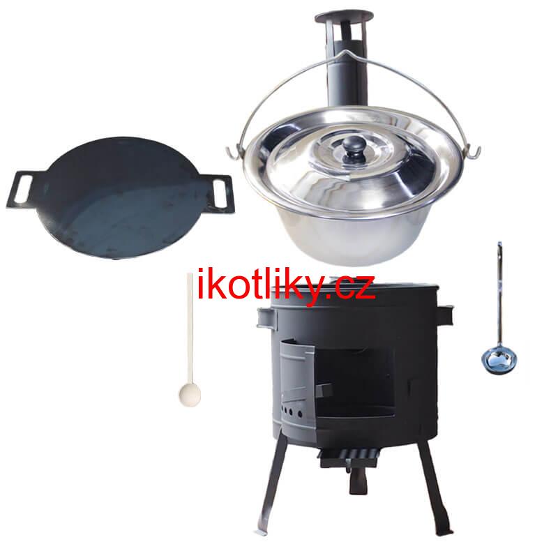 Nerezový kotlík 15 L (1,2 mm) + železná pánev 38 cm UNI + kotlina 36 cm PLUS 600