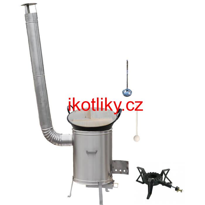 Zabijačkový smaltovaný kotel 100 L + nerezová kotlina 60 cm + hořák 7 kW + vařečka a naběračka