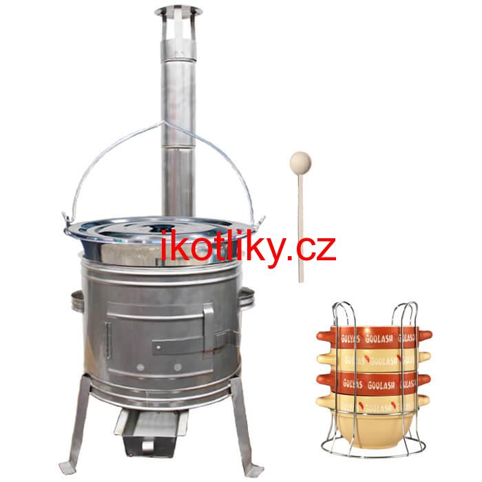 Nerezový kotlík 22 L (0,8 mm) INOX + misky na guláš 4 ks + nerezová kotlina 42 cm TOPLUX