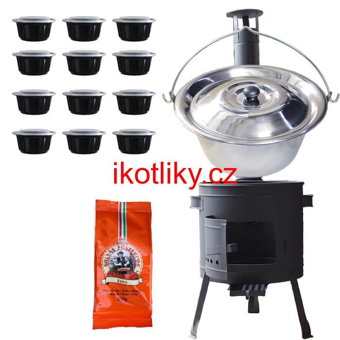 Nerezový kotlík 22 L (0,8 mm) + pepř na guláš 100 g + misky 12 ks + nízká žáruvzdorná kotlina (0,8 mm) 42 PLUS 600