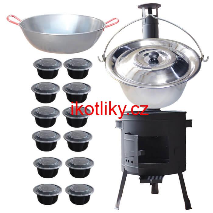 Nerezový kotlík 22 L (0,8 mm) INOX + Pánev PAELLA (WOK) 45 cm + misky 12 ks + nízká kotlina 42 PLUS 600