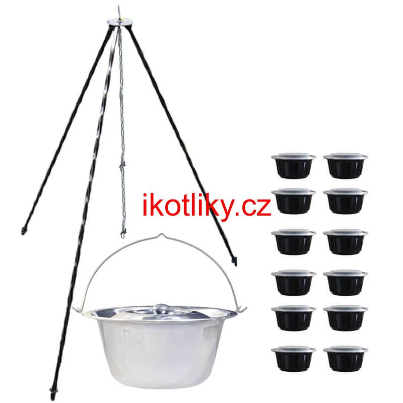 Nerezový kotlík 10 L (0,8 mm) INOX + poklice + trojnožka 1,20 m + misky 12 ks