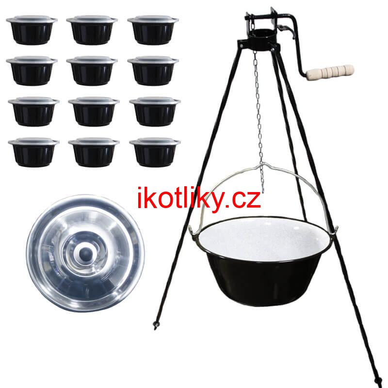 Smaltovaný kotlík 25 L + stojan s kladkou VAR + misky 12 ks