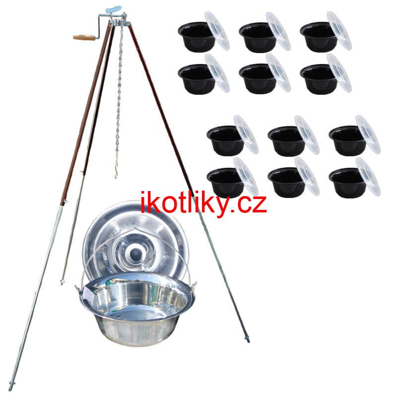 Nerezový kotlík 20 L (1,2 mm) + teleskopická trojnožka s pojistnou kladkou + misky 12 ks