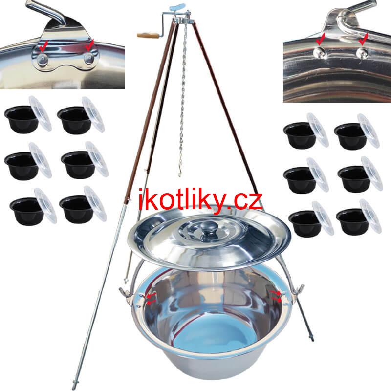Nerezový kotlík 30 L (0,8 mm) s nýty + teleskopická trojnožka s pojistnou kladkou + misky 12 ks