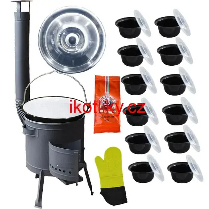 Smaltovaný kotlík 22 L (1,2 mm) + misky 12 ks + nízká žáruvzdorná kotlina (0,8 mm) 42 PLUS 600