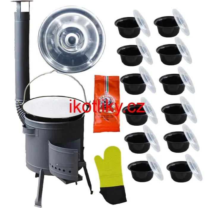 Smaltovaný kotlík 22 L (1,2 mm) + misky 12 ks + nízká žáruvzdorná kotlina (1,5 mm) 42 PLUS 600