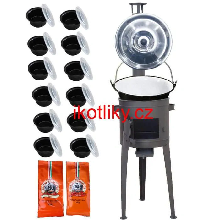 Smaltovaný kotlík 22 L (1,2 mm) + vysoká žáruvzdorná kotlina (1,5 mm) HODO 42 cm PLUS 600 + misky 12 ks + 2 x pepř na guláš 100 g