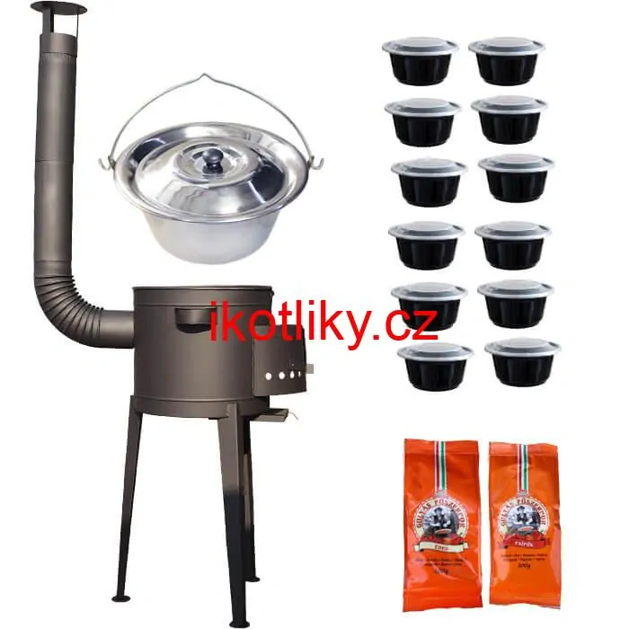 Nerezový kotlík 22 L (0,8 mm) INOX + vysoká žáruvzdorná kotlina (2,0 mm) HODO 42 cm PLUS 600 + misky 12 ks + 2 x pepř na guláš 100 g