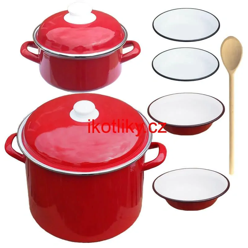 Smaltovaný hrnec s poklicí 5,2 l + smaltovaný kastrol s poklicí 3 L + talíře Classic