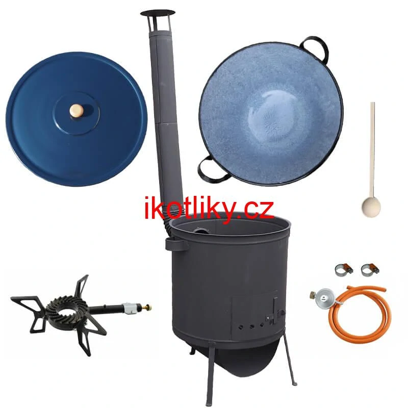 Smaltovaný kotel 70 L na zabijačku + žáruvzdorná kotlina 53 PLUS 600 4 MM + hořák 7,5 kW + vařečka