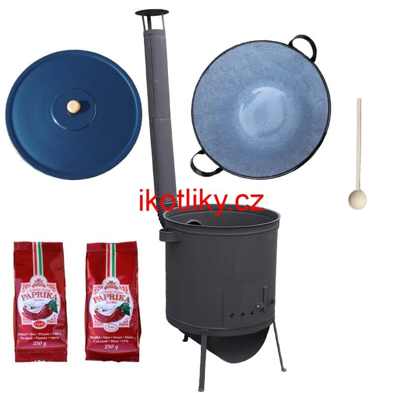 Smaltovaný kotel 70 L na zabijačku + žáruvzdorná kotlina 53 PLUS 600 4 MM + sladká a pálivá (2 x 250 g) + vařečka