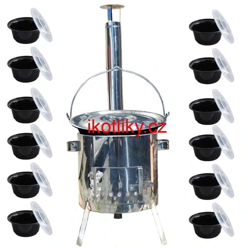 Smaltovaný kotlík 13 L + nerezová kotlina 36 INOX LUSTRO + misky 12 ks