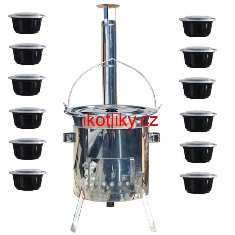 Nerezový kotlík 14 L (0,8 mm) INOX + Nerezová kotlina 36 INOX LUSTRO + misky 12 ks