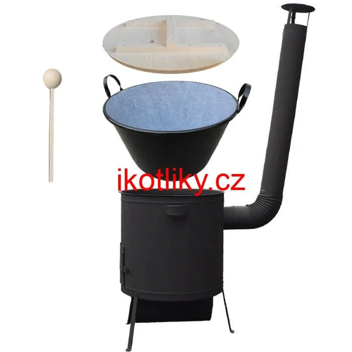 Zabijačkový smaltovaný kotel 100 L, žáruvzdorná kotlina 42 PLUS 600 4 MM, dřevěná poklice + vařečka