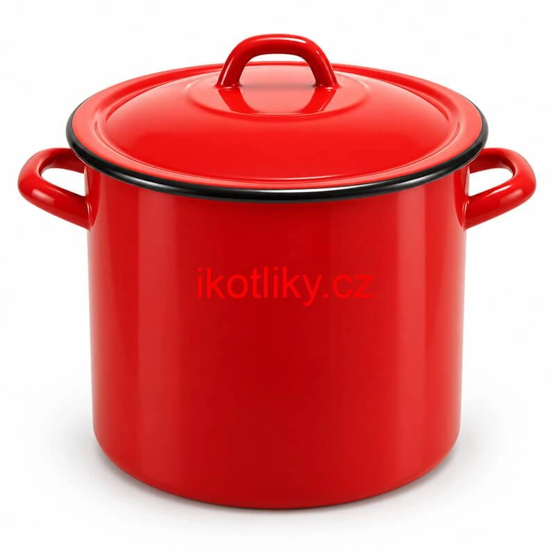 Červený smaltovaný hrnec FALCO s poklicí, boční pohled