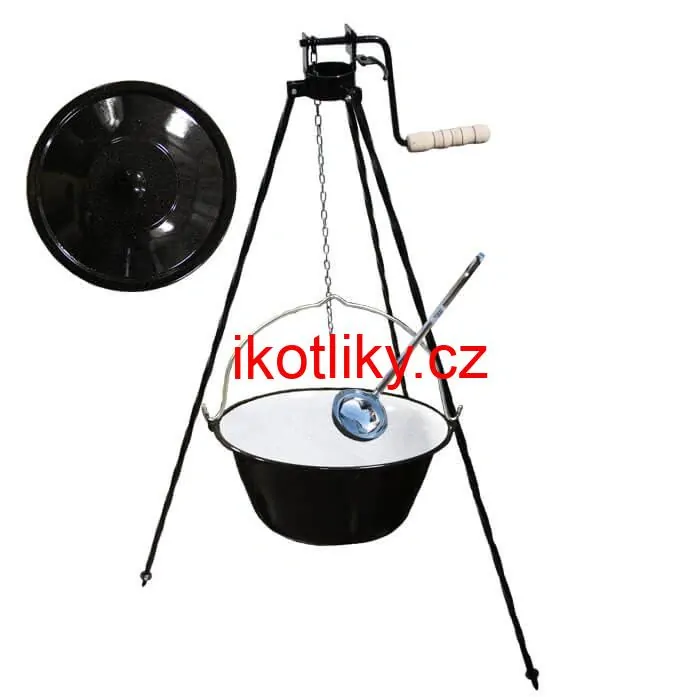 Smaltovaný kotlík 25 L + poklice + stojan s kladkou VAR