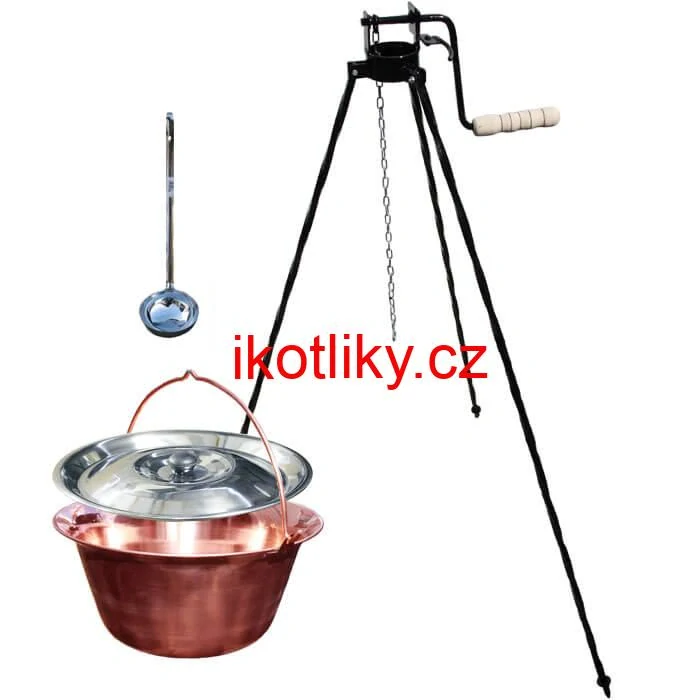 Měděný kotlík 14 L (1,2 mm) + poklice + stojan s kladkou VAR