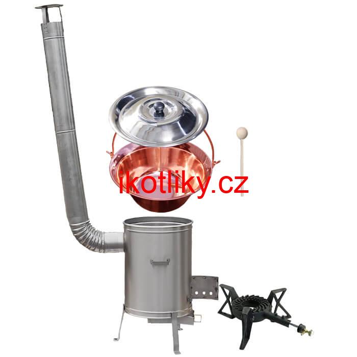 Měděný kotlík 10 L (1,2 mm) + nerezová kotlina 36 cm + litinový hořák 7 kW, vařečka LUX