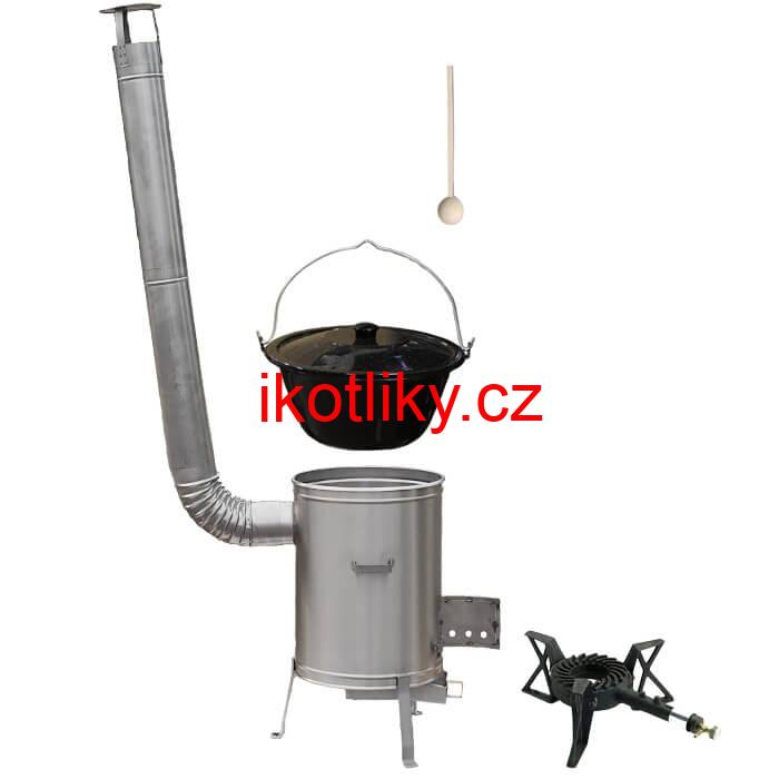 Smaltovaný kotlík 13 L (1,2 mm) + nerezová kotlina 36 cm + litinový hořák 7 kW, vařečka LUX