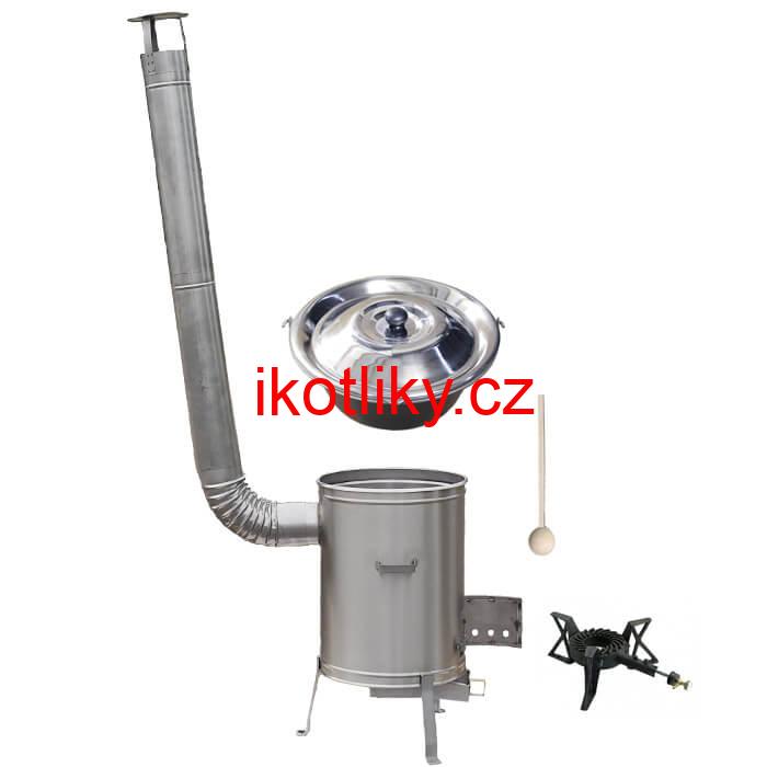 Nerezový kotlík 15 L (1,5 mm) + nerezová kotlina 36 cm + litinový hořák 7 kW, vařečka LUX
