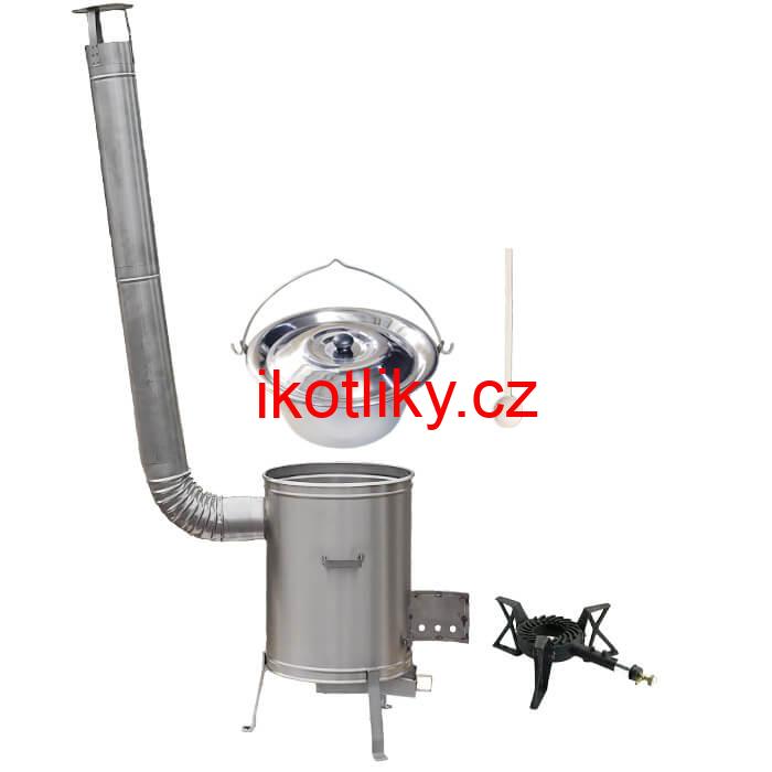 Nerezový kotlík 14 L (0,8 mm) + nerezová kotlina 36 cm + litinový hořák 7 kW, vařečka LUX