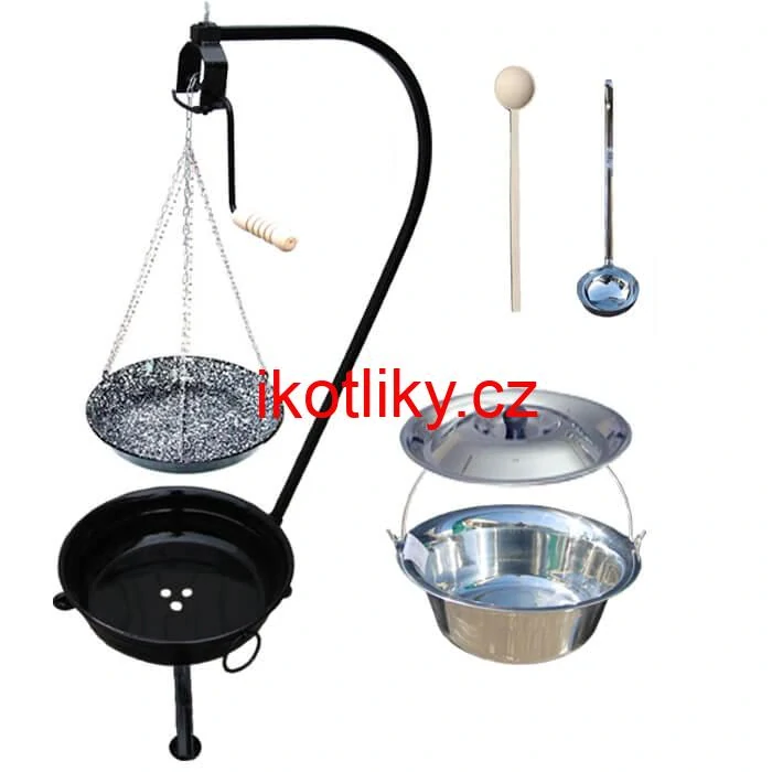 Nerezový kotlík 10 L (1,2 mm) INOX + smaltovaná pánev + ohniště se stojanem as pojistnou kladkou VAR