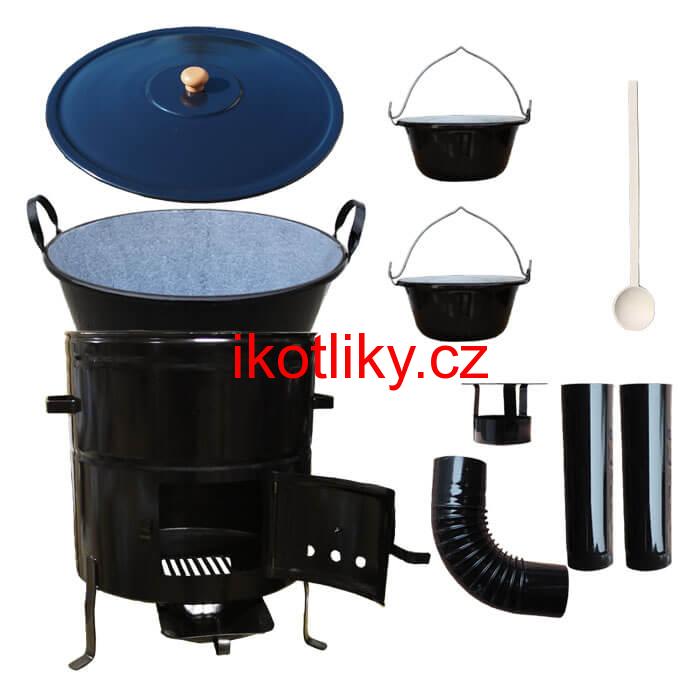 Zabijačkový smaltovaný kotel 70 L + kovová kotlina 56 cm + 2 servírovací kotlíky a kouřovod