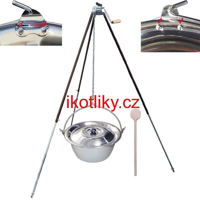 Nerezový kotlík 15 L (0,8 mm) s nýty + teleskopická trojnožka s pojistnou kladkou + poklice
