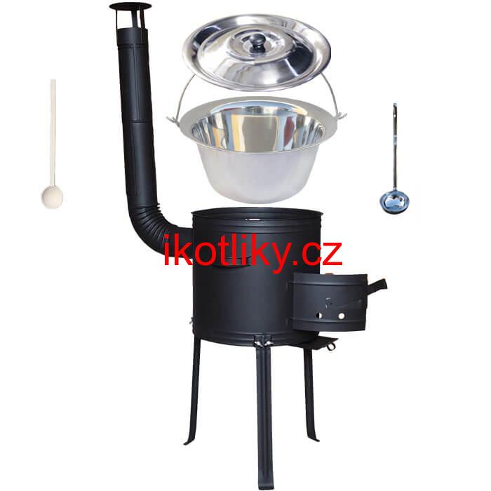 Nerezový kotlík 22 L (0,8 mm) + kovová kotlina s vysokými nožičkami 42 cm, žáruvzdorná barva Plus 700 + vařečka a naběračka