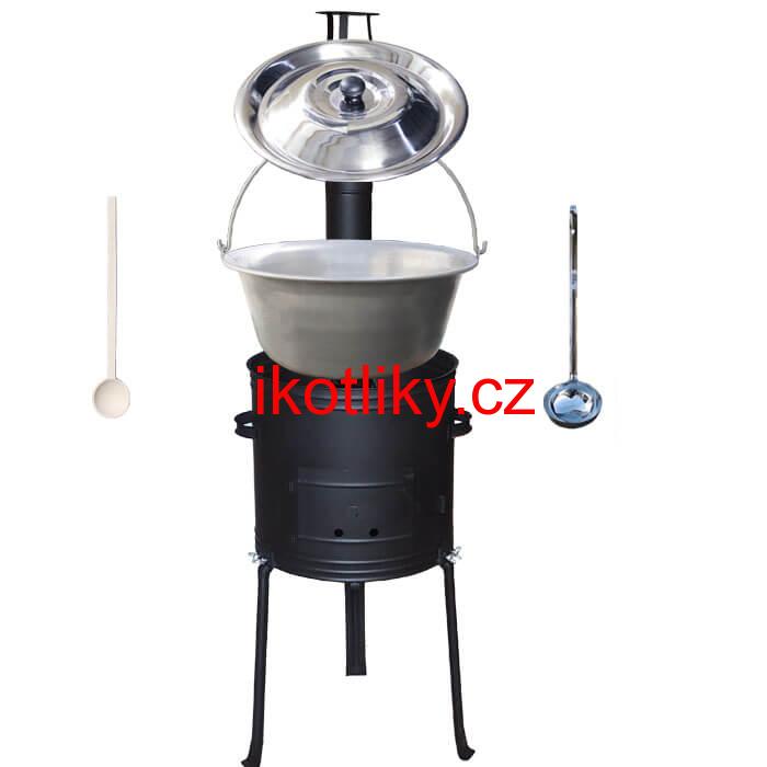 Nerezový kotlík 15 L (1,5 mm) + kovová kotlina s vysokými nožičkami 36 cm, žáruvzdorná barva Plus 700 + vařečka a naběračka