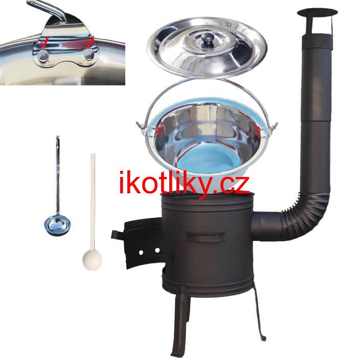 Nerezový kotlík 10 L (0,8 mm) s nýty + nízká žáruvzdorná kotlina 33 cm PLUS 700 + vařečka a naběračka