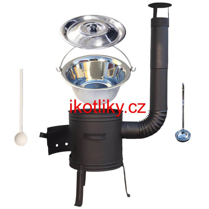 Nerezový kotlík 10 L (1,2 mm) + nízká žáruvzdorná kotlina 33 cm PLUS 700 + vařečka a naběračka